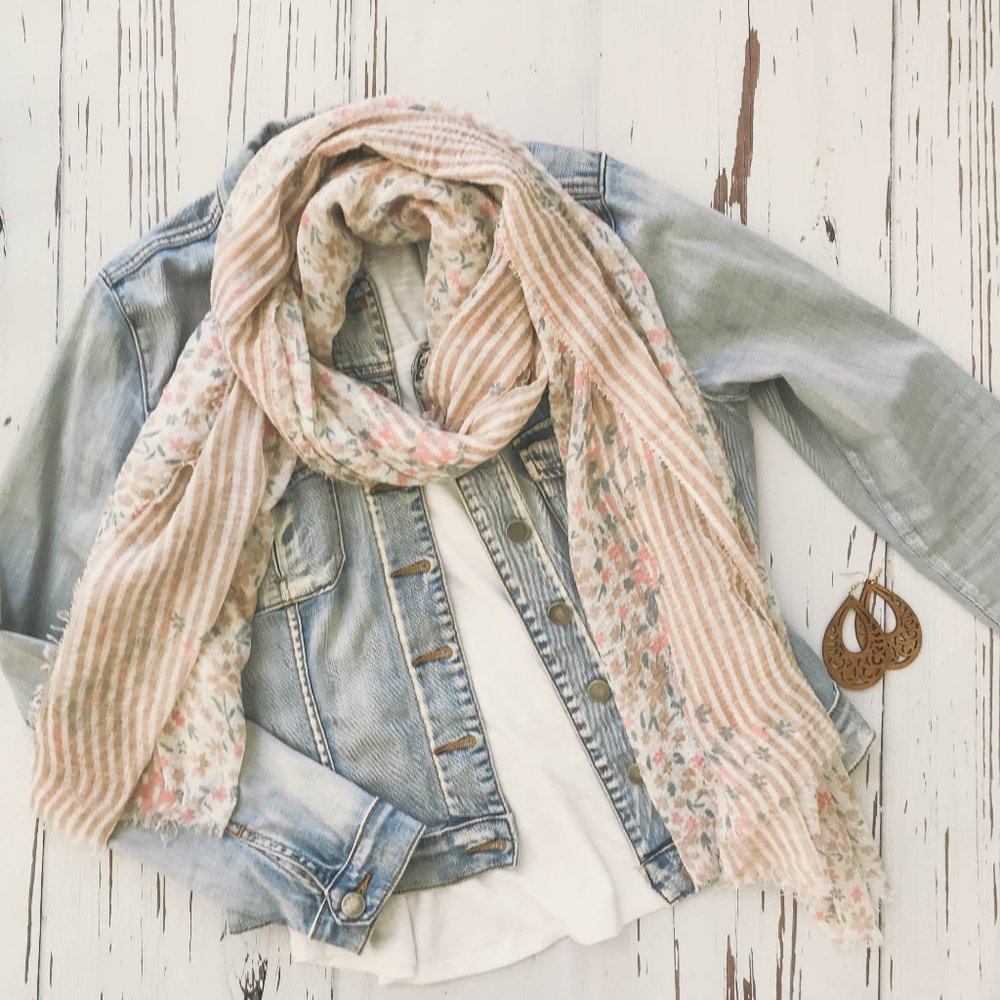 Peach & Cream Flowers & Soft Stripes Scarf - NEW